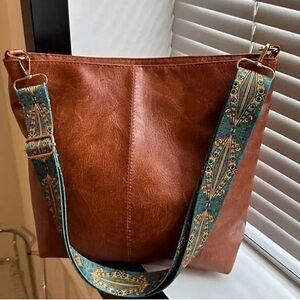 Brown Tote Bag with Patterned Strap